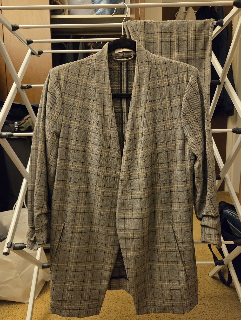 Babaton Gray Plaid Open-Front Trench Coat And Trousers